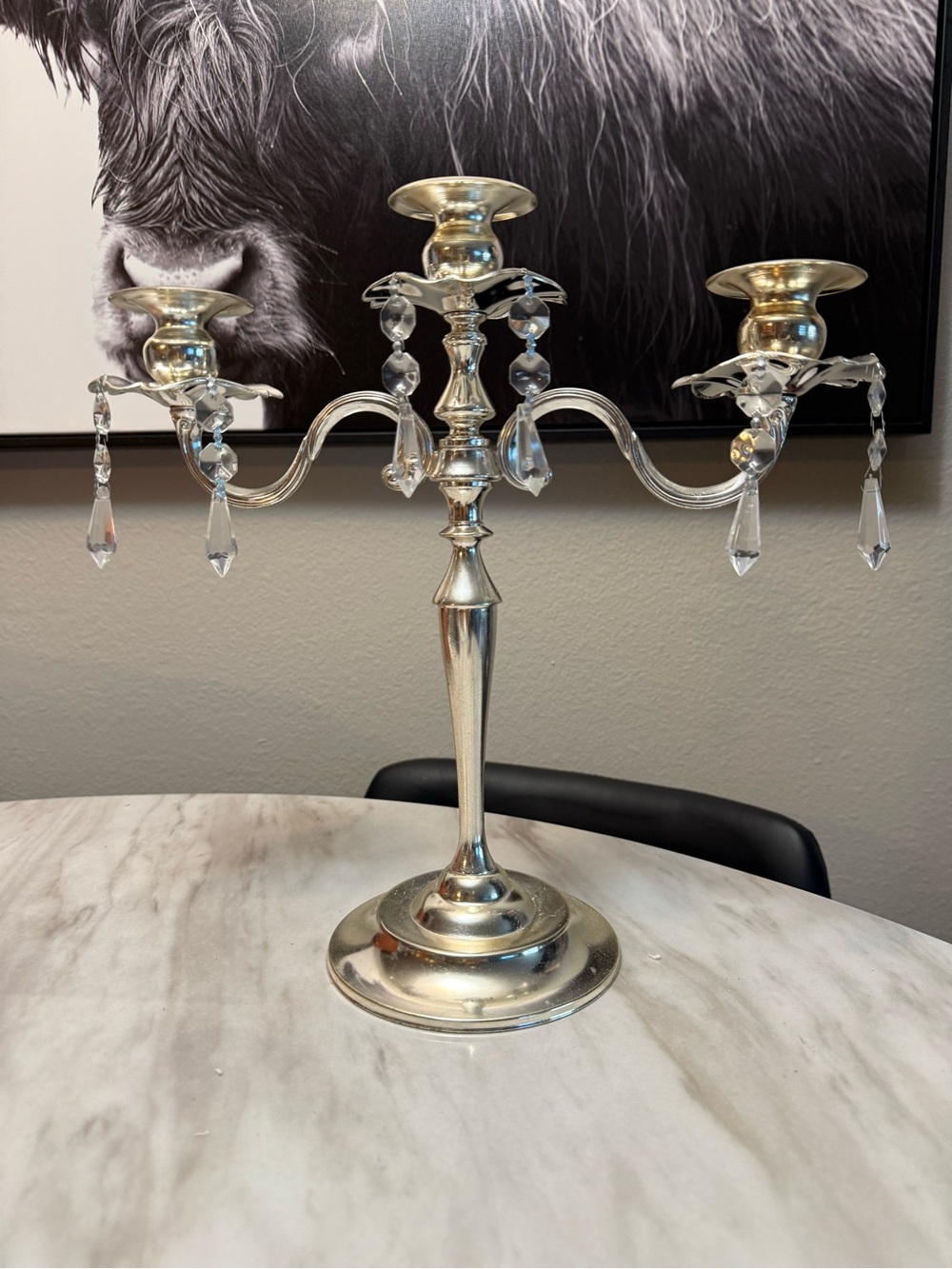 3-Arm Silver Tone Metal Candelabra Clear Crystal Drops Polished 12 in